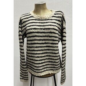 New Scotland women sz M wool nylon striped casual loose cut beige black sweater